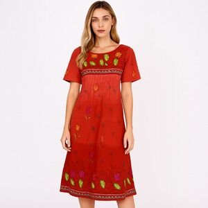 Vtg Barbizon XL Maxi Dress Red Cotton Long Nightgown Slip‎ Pockets Evening Sleep